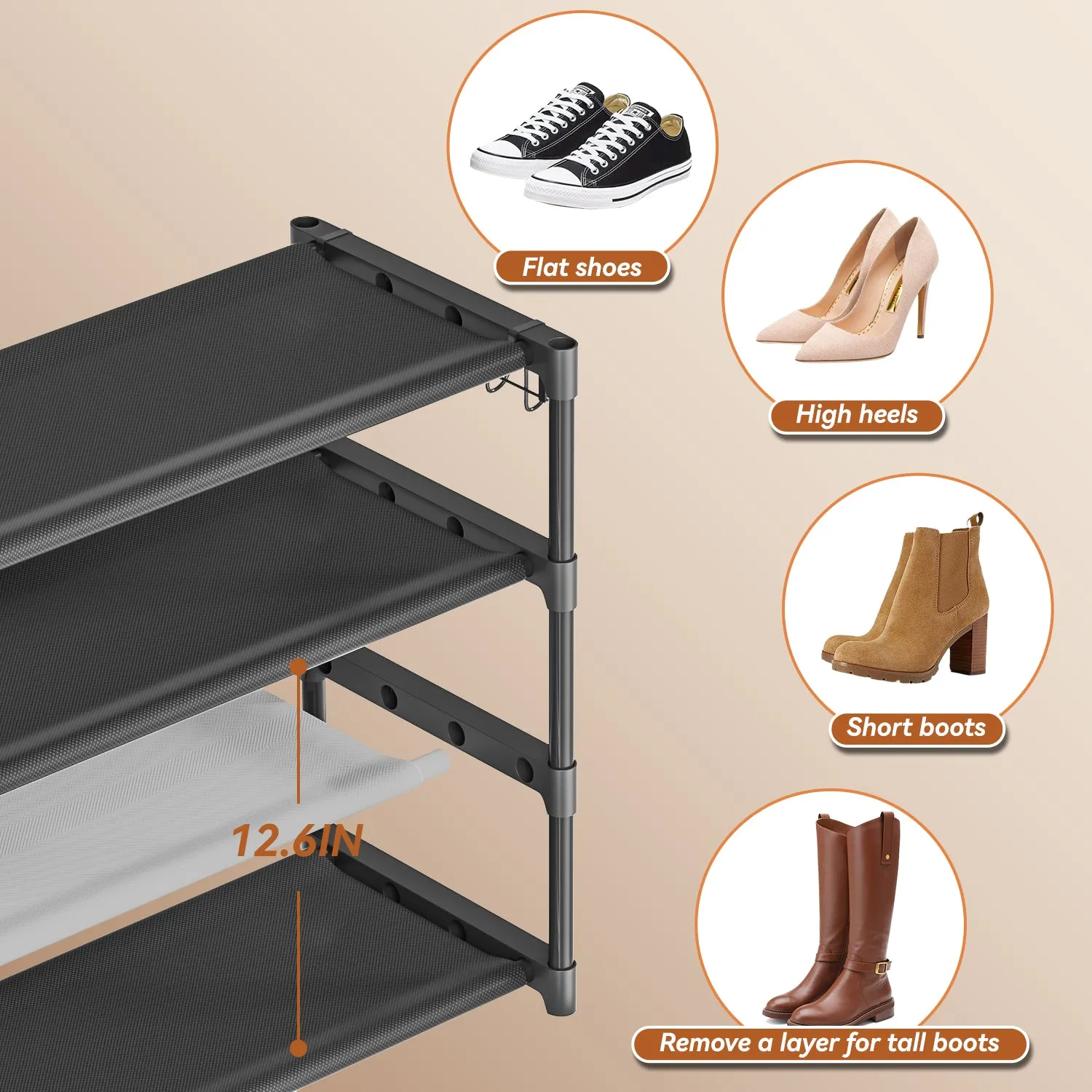 LUKYTOWER Long Shoe Rack 4 Tier Shoe Storage Organizer with 2 Hooks, Wide Shoe Organizer Racks for Closet Entryway,Shoe Shelf Stand Sturdy Durable Shoes Holder Save Space Up to 26Pairs