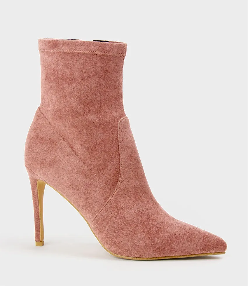 ZARIAH Fine Heel Sock Boot in Dusty Rose Suede